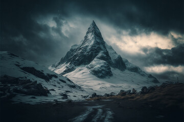Fototapeta na wymiar epic ivernal mountain, snow rain, tunders, adverse weather. Generative AI