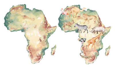 Watercolor hand drawn colorful illustration of map of the continent of Africa, savannah african animals isolated on white background. Giraffe, zebra, lion, rhinoceros. Realistic safari wildlife set.