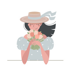 Vector cute cartoon young woman in the hat holdings a bouquet of flowers. Tender pretty girl enjoy the aroma of tulips.