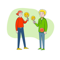 A young couple are holding masks with positive emotions. They are tired of the fact that constantly has to play a role, change the mask. big isolated vector illustration with white background