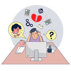 Big isolated Young man work on a office desk in computer. Depressed, heart broken, under pressure Cartoon character vector illustration.
