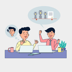 Corporate discussion planning vision positive employee vs negative employe. Big isolated illustration vector with white background.