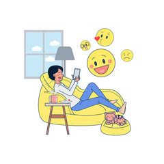Big isolated Young man lying on a yellow-colored couch using  social media in mobile phone . Cartoon character vector illustration.