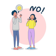 Disagreement in relationship. Woman angry at young man, couple quarreling, family conflict,  vector Illustration on a light background