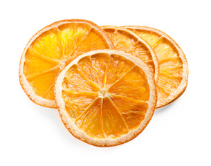 Delicious dry orange slices on white background