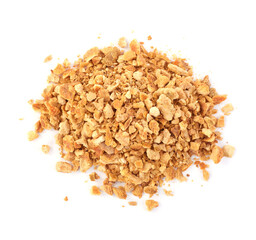 Pile of dried orange zest seasoning isolated on white, top view