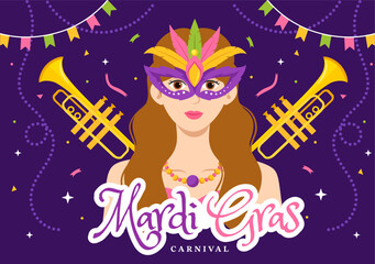 Mardi Gras Carnival Party Illustration with Mask, Feathers and Item Festival for Web Banner or Landing Page in Flat Cartoon Hand Drawn Templates