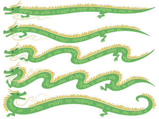 緑色の細長い龍のイラストセット