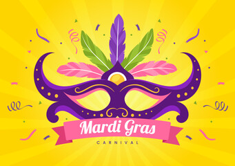 Mardi Gras Carnival Party Illustration with Mask, Feathers and Item Festival for Web Banner or Landing Page in Flat Cartoon Hand Drawn Templates © denayune