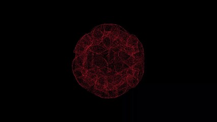 3D abstract alien sphere on black background. Object consisting of red flickering particles. Science concept. Abstract bg for title, presentation. Screensaver. 3D animation.