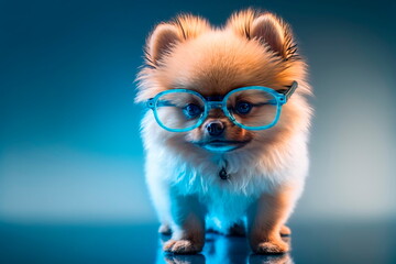 Small smiling dog Spitz with glasses on the background Generative AI