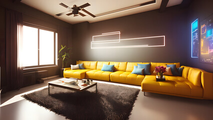 futuristic looking living room with yellow neon light and soft light from window, sunlight and yellow sofa
