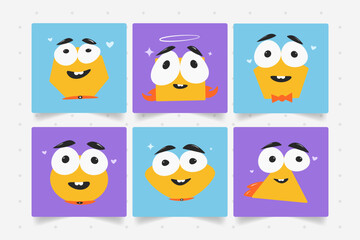 Set of 6 cute geometric emoticons cards, with excited and fun expressions.