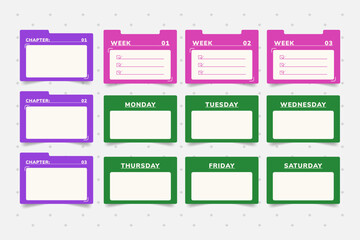 Fototapeta premium Collection of weekly planner cards for school organized by chapters, weeks, and days. Weekly study schedule planner.
