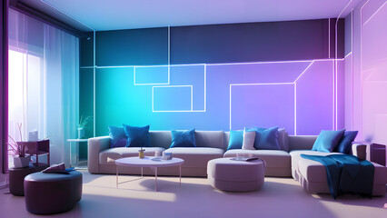 modern looking living room with blue and purple neon light on the wall,soft light from window