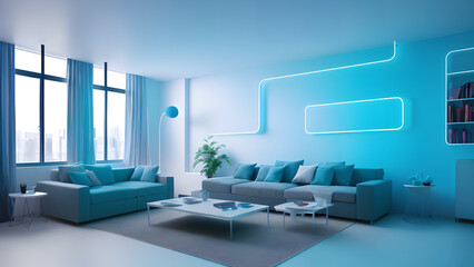 futuristic looking living room with blue neon light on white wall,soft light in window, minimalist