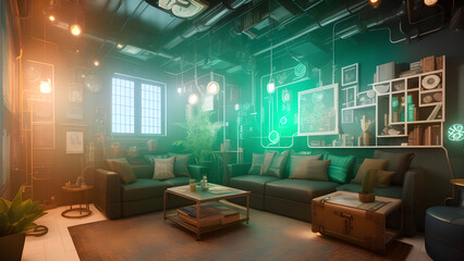 steampunk looking living room with green neon light and bright window