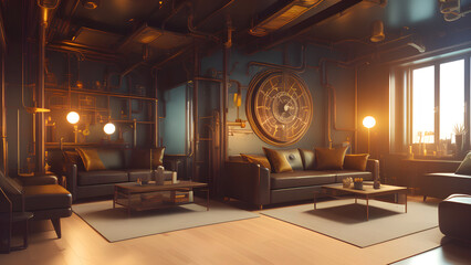 a steampunk living room with soft yellow light and big clock