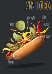 Danish hot dog. Vector illustration