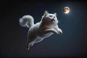 Obraz na płótnie Canvas A cute fluffy white cat leaping into a starry sky with a bright moon.