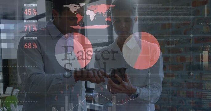 Animation of easter sunday hunt text and data processing over diverse man and woman with laptop
