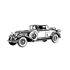 black and white sketch of a classic car with transparent background