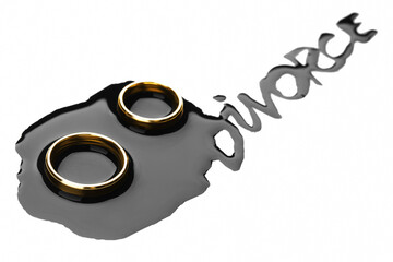 Wedding rings and word Divorce written with black ink on white background