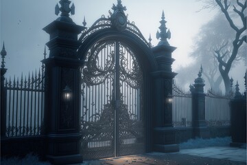 A Victorian old black gate slightly visible in the fog and frosted landscape. - obrazy, fototapety, plakaty