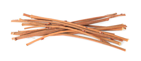Many dry tree twigs on white background