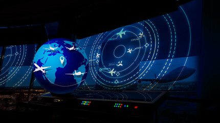 A global logistics delivery management system with aircraft simulated screens showing various...