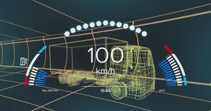 Animation of digital car interface and data processing over 3d model of car