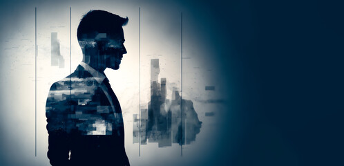 Double exposure with businessman and financial district  Generative AI
