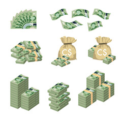 Canadian Dollar Vector Illustration. Huge packs of Canada money set bundle banknotes. Bundle with cash bills. Deposit, wealth, accumulation and inheritance. Falling money  20 CAD