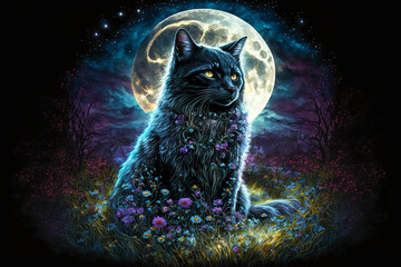  magical cat with cresent moon. Generative AI	