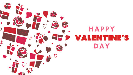 ギフトやバラのアイコンで作られたハート型のハッピーバレンタインデー背景テンプレート（白）　Heart shaped Happy Valentine's Day background template made with gift and rose icons (white)