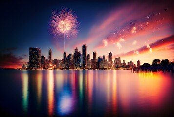 Obraz premium panoramic view of a fireworks display in the sky at twilight, with the city skyline in the background (AI Generated)