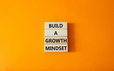 Build a growth mindset symbol. Concept words Build a growth mindset on wooden blocks. Beautiful orange background. Business and Build a growth mindset world concept. Copy space.