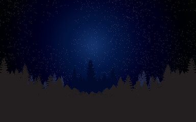 Black forest under the starry sky. On the horizon mountains and forest. Concept of a beautiful starry night sky and the Milky Way. Vector illustration