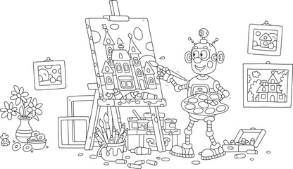 Obraz premium Funny toy robot artist painting a beautiful picture with pretty houses of a small town on a canvas and an easel in its art studio, black and white outline vector illustration for a coloring book