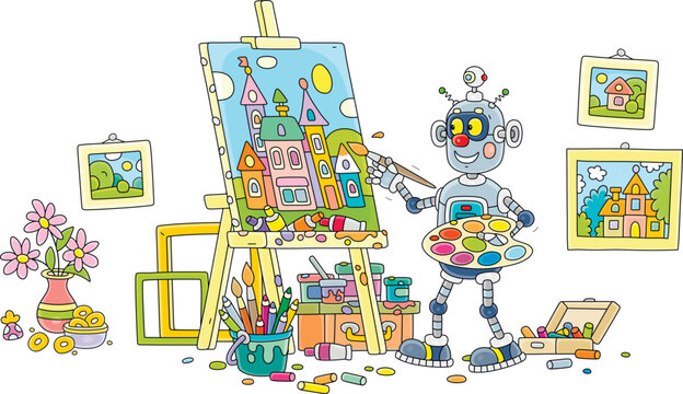 Funny toy robot artist painting a beautiful picture with colorful houses of a pretty small town on a canvas and an easel in its art studio, vector cartoon illustration on a white background