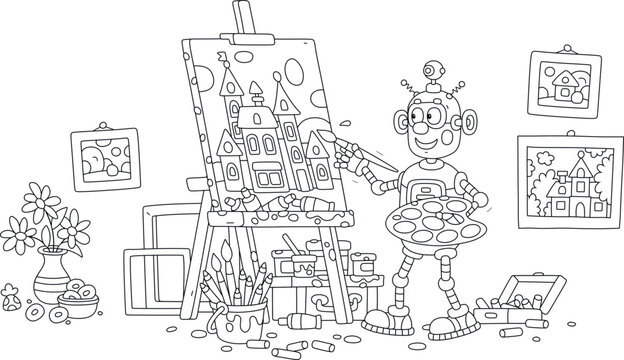 Funny toy robot artist painting a beautiful picture with pretty houses of a small town on a canvas and an easel in its art studio, black and white outline vector illustration for a coloring book
