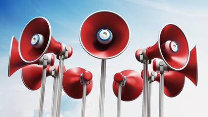 Red loudspeakers on the pole against clear blue sky. 3D illustration
