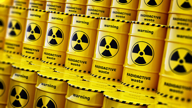 Stack of yellow radioactive barrels with warning signs. 3D illustration