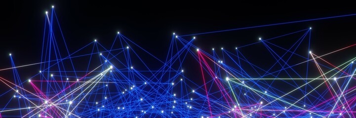 Abstract Digital technology Network glowing dots and lines panorama background 3D rendering
