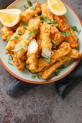 Rabas fritas is a famous appetizer which is also known as Fried Calamari closeup on the plate on the table. Vertical top view from above