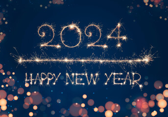 Happy New Year 2024. Burning sparkling texts 2024, underline and Happy New Year on blue background with soft glowing golden particles. Beautiful sparklers texts for holiday greeting card,banner,flyer
