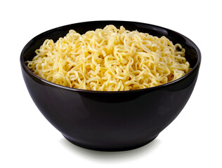  instant noodles with in black  bowl isolated on white background with clipping path. Asian and Chinese style fast food concept.