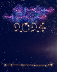 Happy New Year 2024. Sparkling burning numbers Year 2024 with beautiful blue and pink fireworks. Template for holiday greeting card, flyer, billboard and banner. Holiday web banner with sparkling text
