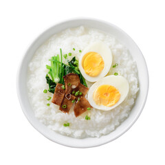 Rice soup with boiled egg, grilled mushroom and spinach. Asian breakfast food