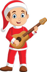 Cartoon little boy in red santa clothes playing guitar